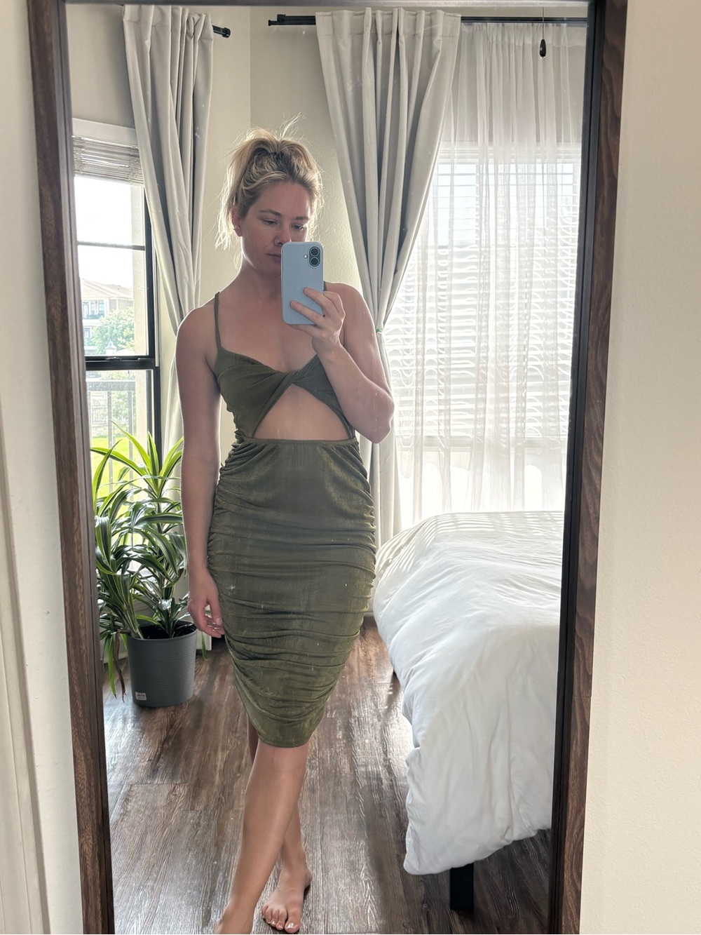 PrettyLittleThing Olive Green slinky twist ruched  Spaghetti-Strap Dress